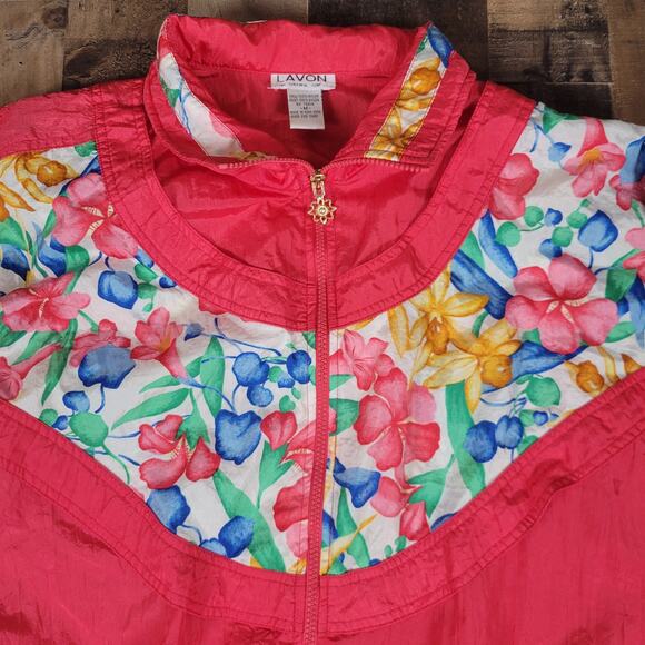 Lavon Jacket Nylon Windbreaker Pink Floral Vintage‎ Medium w/ Shoulder Pads - Picture 5 of 13